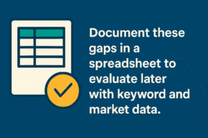 Document these gaps in a spreadsheet to evaluate later with keyword and market data.